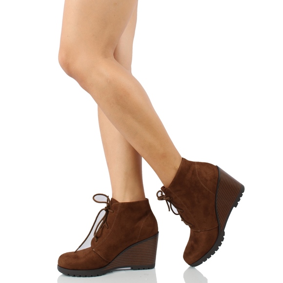 Oak  Faux Suede Lace Up Stacked Wedge Ankle Boo - Picture 7 of 7